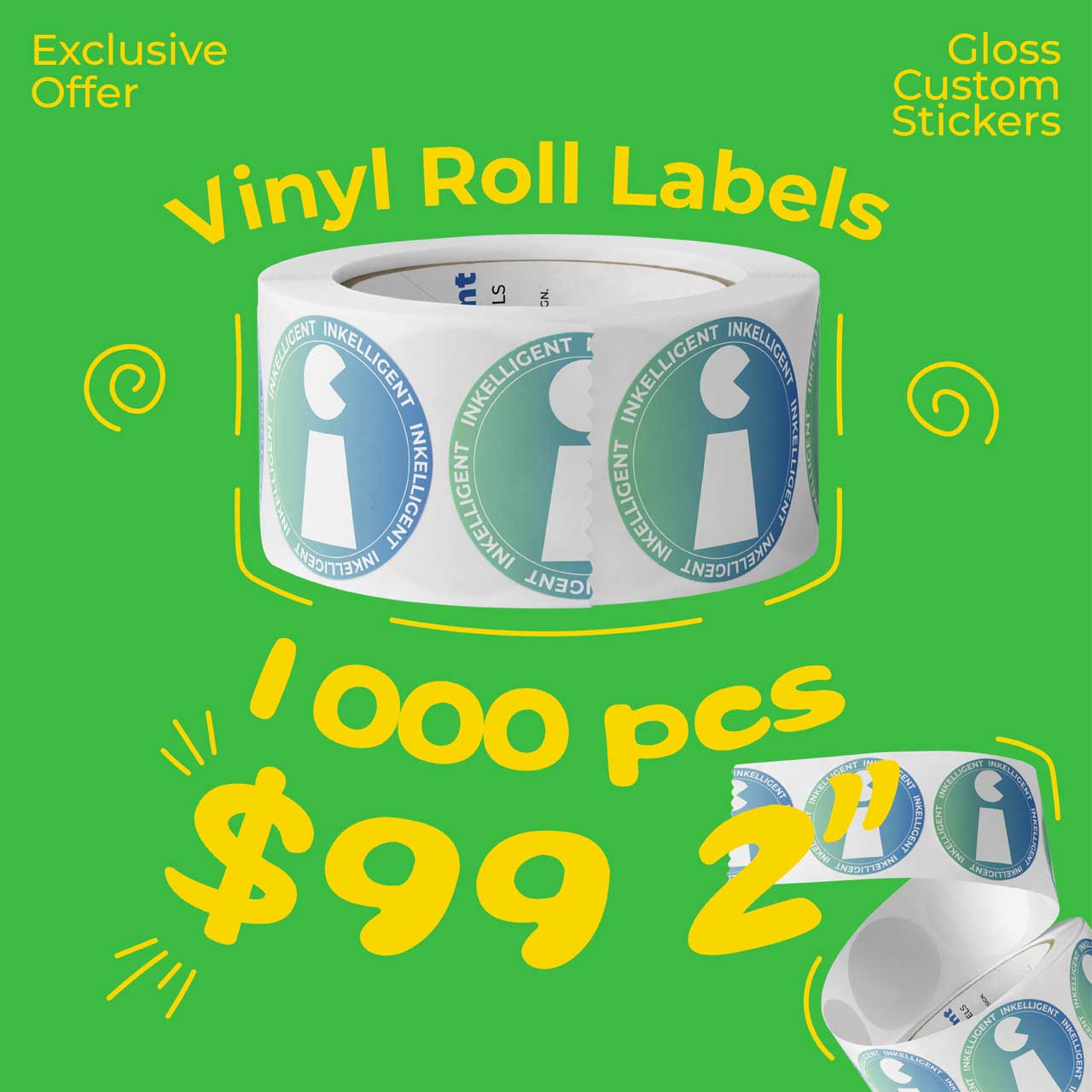 Roll of custom printed stickers displayed on a bright green background with special offer text for 1000 pieces.